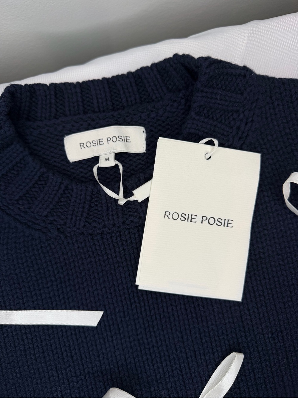 Rosie Posie Navy Blue sweater with white bows - Picture 3 of 4